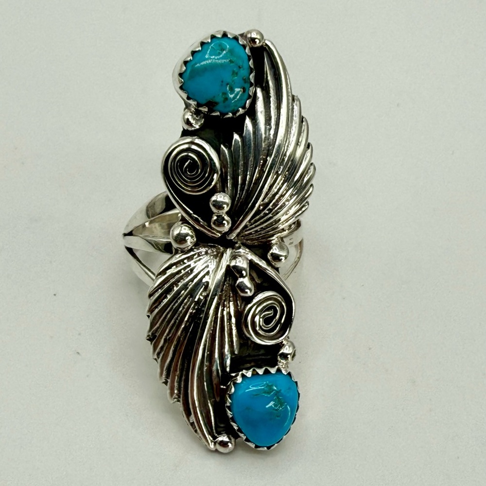 Vintage Native American Navajo Harris Largo Sterling Silver Ring with Turquoise - Picture 10 of 16